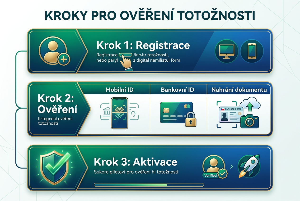 Infografika s kroky registrace do NeteraPay s českými popisky a ikonami bezpečnosti